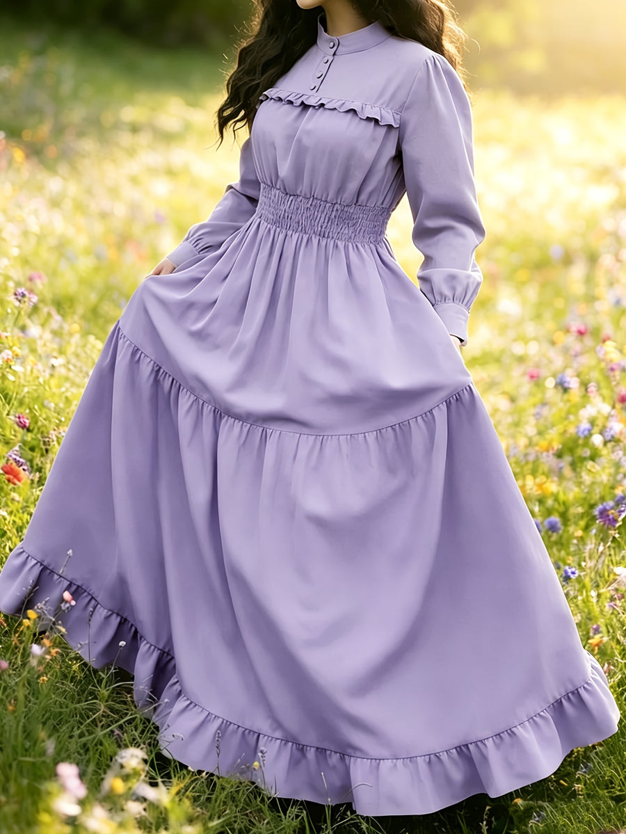 Spring Summer Court Style Olive Green Stand-Up Collar Dress, Wood Ear Trim Puff Sleeve Cable Waist, Vintage Elegant Flared Long Skirt Women'S 3A11378-1 - Violet
