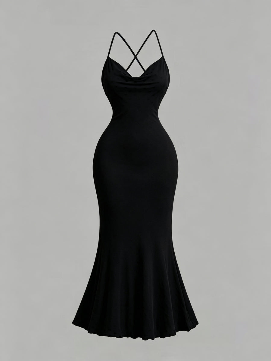 Draped Neckline Slim Fit Bodycon Long Mermaid Dress, Elegant Polka Dot Print Camisole Dress, Graceful Party Gown, Valentine's Day Party Long Dress ASD1 - Black