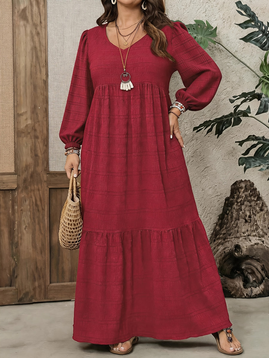 Plus Size, Plus Size Women's Solid Color Textured Long Sleeve Maxi Dress, V-Neck Puff Sleeve Waist-Cinching Layered Cake Dress, Loose Vacation Dress, Elegant Dress for Spring/Autumn/Winter - Burgundy