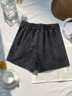 Western Trendy Hawaiian Letter Print Casual Distressed Women'S Shorts, Elastic Drawstring Waist Design, Versatile Home Wear, Lifestyle Fashion - Black
