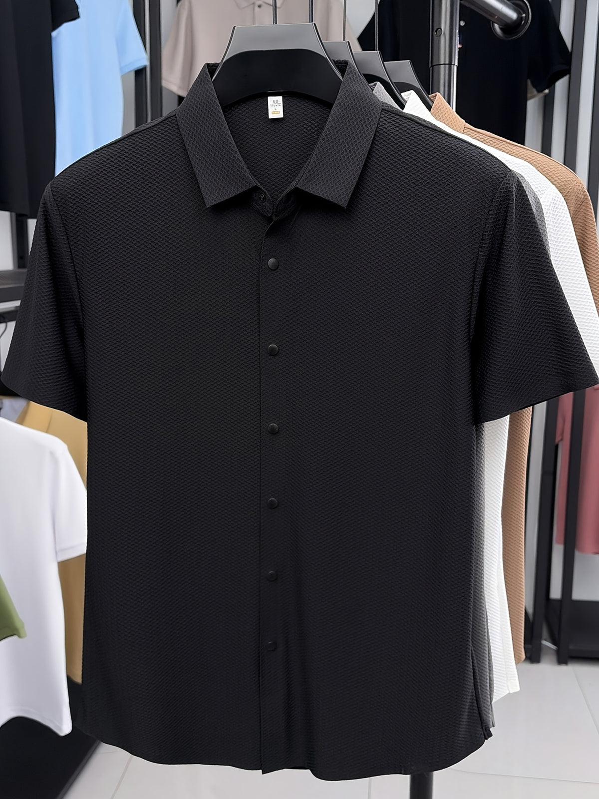 New Summer 2026 Men's Waffle Short-Sleeve Shirt, Lightweight and Breathable Business Casual T-Shirt, Multiple Colors Available, Refreshing and Versatile Commuter Top 100 - Black