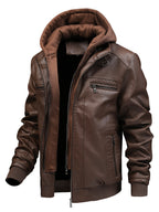 2026 New Fall Winter Men'S Faux Leather Hooded Jacket, Motorcycle Faux Leather Coat, Slim Fit Warm Outerwear with Multiple Zipper Pockets, Versatile Top for Daily Travel, Casual, Work Commute & Outdoor Activities - Dark Brown