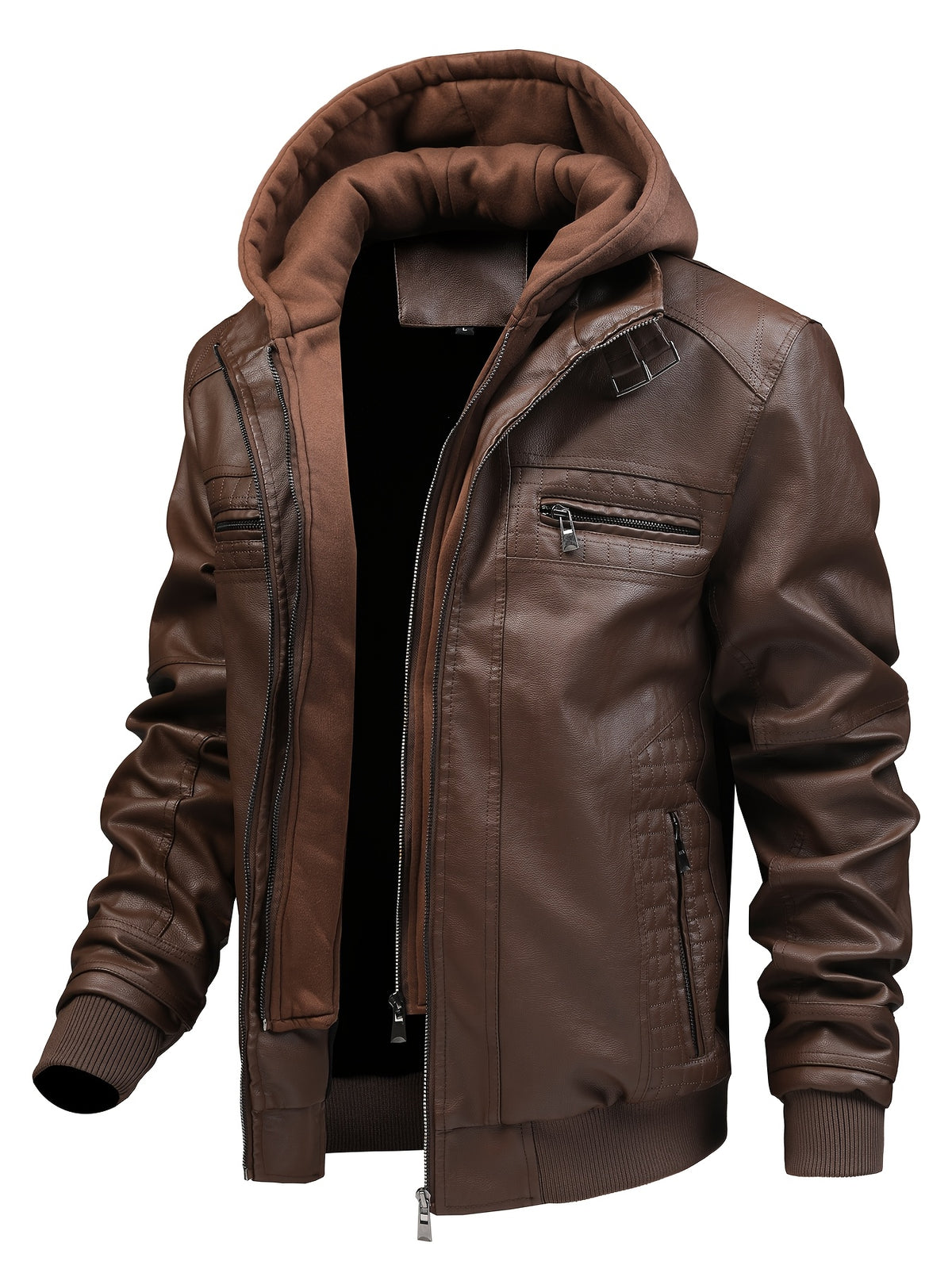 2026 New Fall Winter Men'S Faux Leather Hooded Jacket, Motorcycle Faux Leather Coat, Slim Fit Warm Outerwear with Multiple Zipper Pockets, Versatile Top for Daily Travel, Casual, Work Commute & Outdoor Activities - Dark Brown