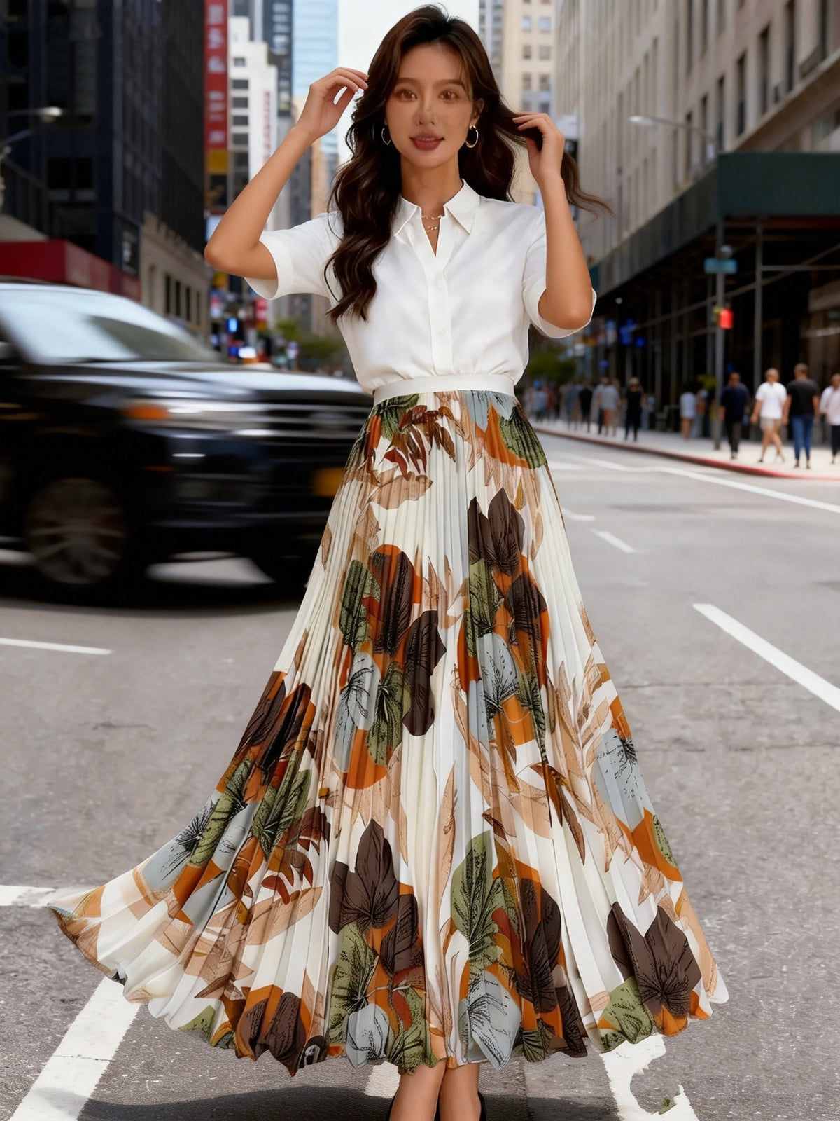Summer High-End Print Long Dress Pleated Large Swing Skirt - Mixed colors