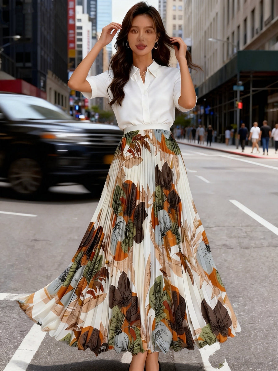 Summer High-End Print Long Dress Pleated Large Swing Skirt - Mixed colors