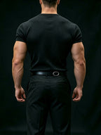 American Vintage Henley Knit Short Sleeve Top, Men'S Slim Fit T-Shirt, Square Shoulder Cut Enhances Shoulder Lines, Vertical Striped Elastic Fabric Moisture-Wicking And Breathable, Suitable for Commuting Office, Fitness Training, Travel Vacation - Black