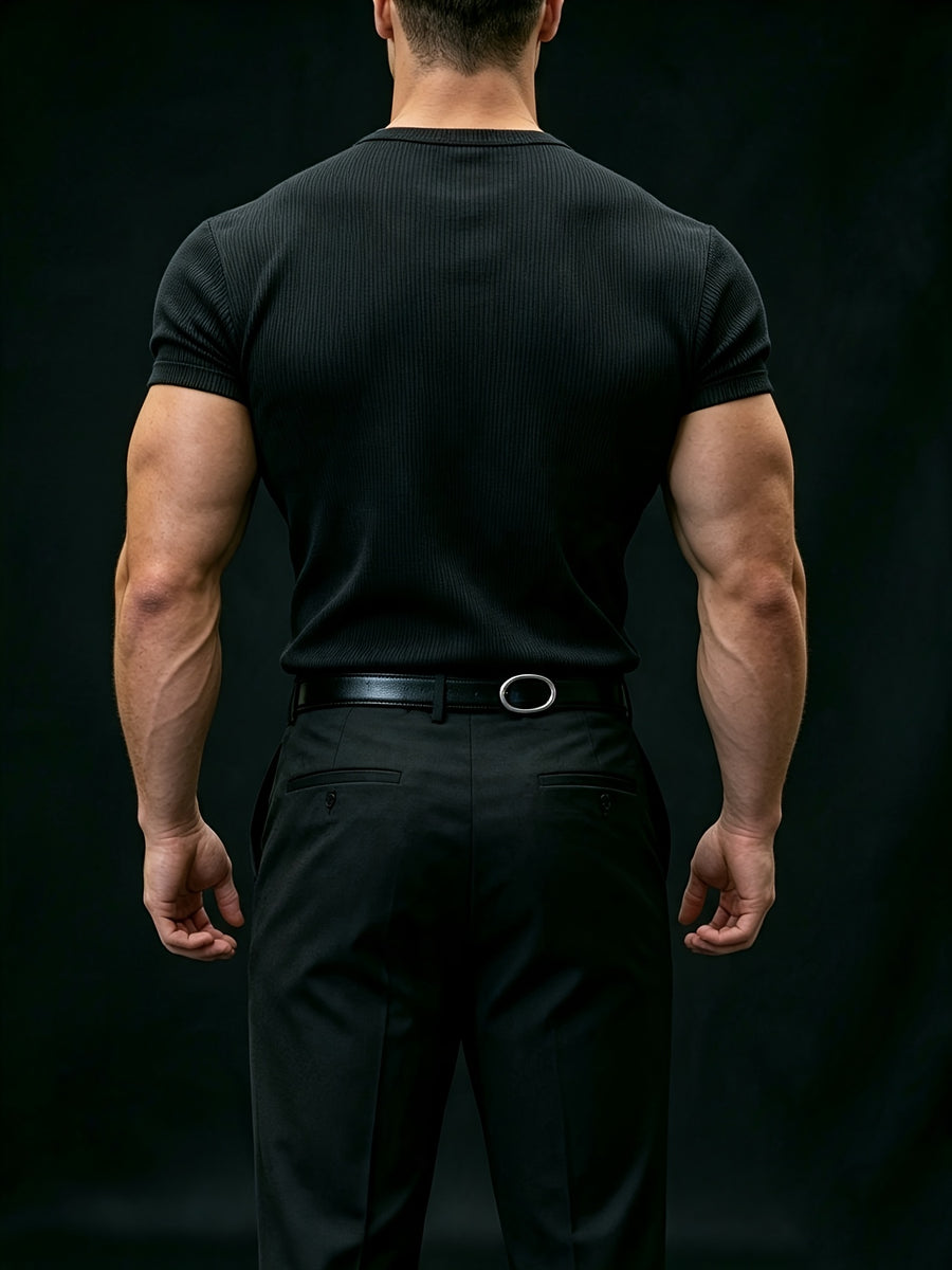 American Vintage Henley Knit Short Sleeve Top, Men'S Slim Fit T-Shirt, Square Shoulder Cut Enhances Shoulder Lines, Vertical Striped Elastic Fabric Moisture-Wicking And Breathable, Suitable for Commuting Office, Fitness Training, Travel Vacation - Black