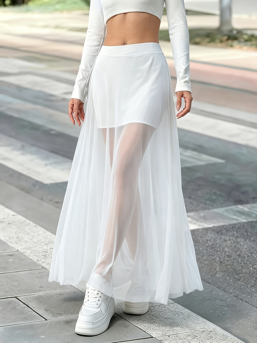 284# Solid Color Mesh Chiffon Skirt with Inner Lining and Large Swing - White