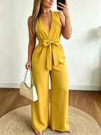 Targeted Development \ Women'S Western Style V-Neck Sleeveless Waist Bow Design Casual Fashion Versatile Jumpsuit - Suitable for Office, Home, Vacation - orange yellow