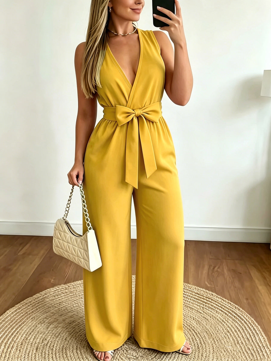 Targeted Development \ Women'S Western Style V-Neck Sleeveless Waist Bow Design Casual Fashion Versatile Jumpsuit - Suitable for Office, Home, Vacation - orange yellow