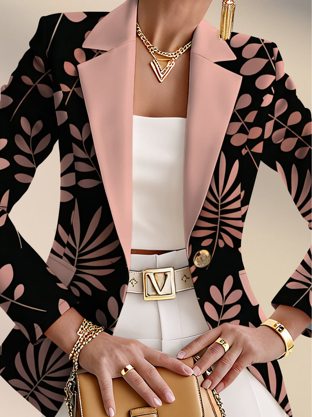 Autumn Women's fashion, outdoor travel,  clothing, exquisite patterns, Women's tops, plant leaf pattern prints, elegant Women's autumn skirts, exquisite Women's suit jackets, - Black Pink