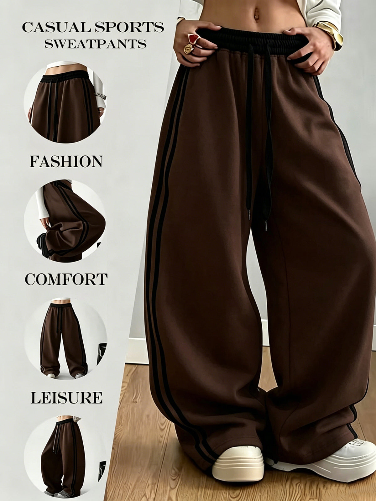 Street-style Color-block Striped Elastic Waistband Sweatpants, Loose-fitting, Figure-flattering, Drapey, and Relaxed-style Wide-leg Casual Trousers - Coffee Brown