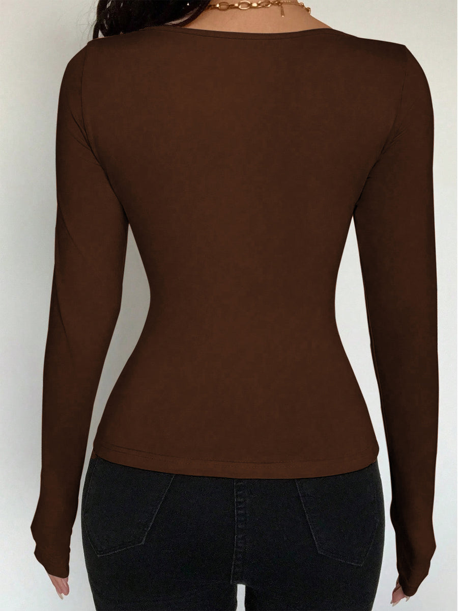 New Trendy Women'S Long-Sleeve T-Shirt That Goes Well with Various Styles - Dark Brown