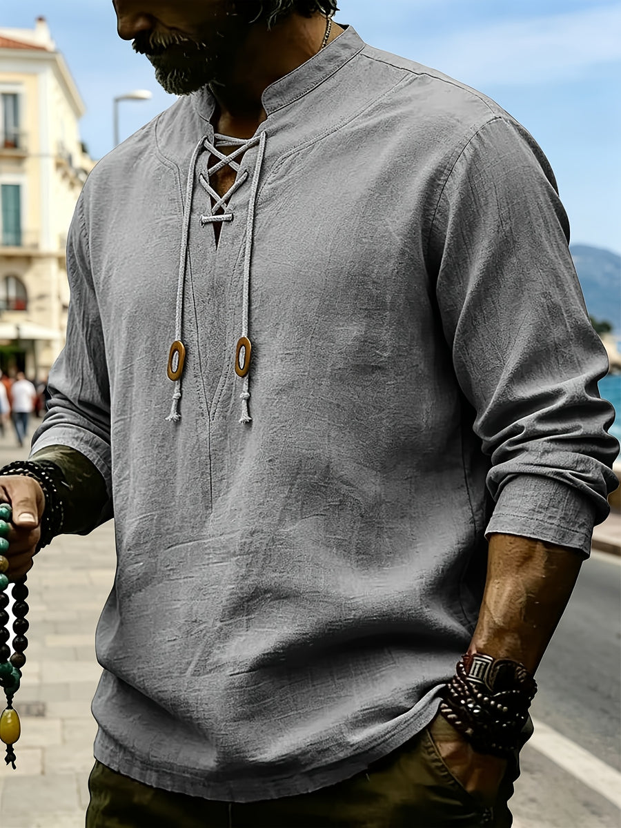 Men's Retro Linen Henley Shirt - Adjustable -Neck Collar & Drawstring Neckline, Lightweight Breathable Suitable for Beach Vacations, Resort Travel, Outdoor Leisure, Casual Pullover Top with Hem, Machine Washable Loose Fit - Grey