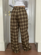 Women'S Plaid Print Loose Wide Leg Pants | Casual Drawstring Elastic Waist, Suitable for Fall/Winter Weekend Outings - Brown