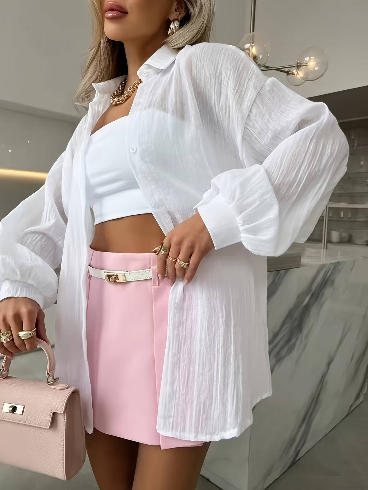 Beautiful Women'S Shirt, Elegant Solid Color Hot Style Outfit Summer Clothing - White