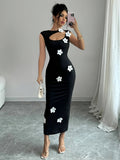 Elegant Women's Sleeveless Slim-Fit Long Bridesmaid Dress with Floral Cut-Out Design - Black