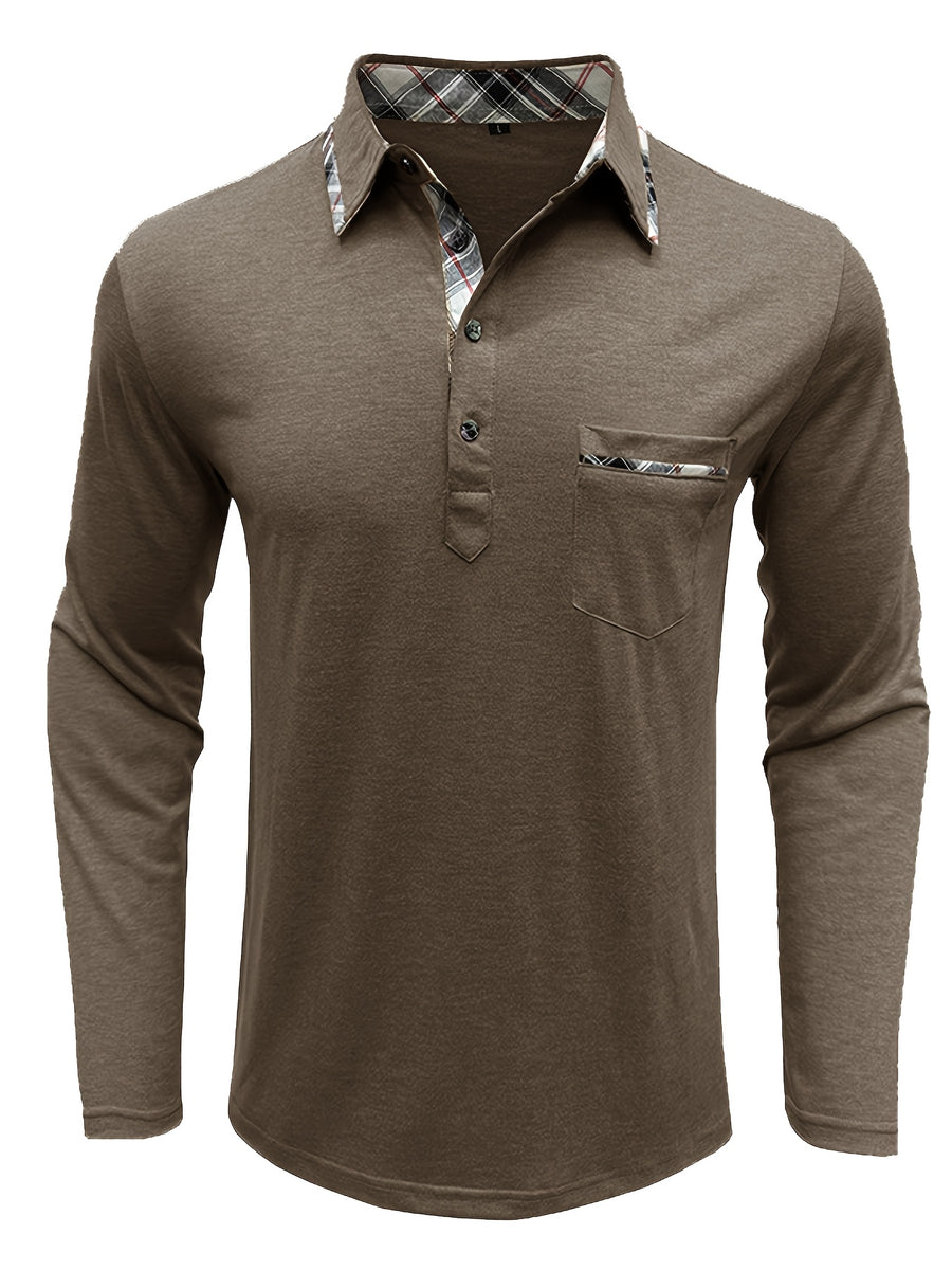 Spring and Autumn Fashion Men's Lapel Pocket Polo Shirt, Solid Color Casual Commuter Pocket Top - Coffee Color