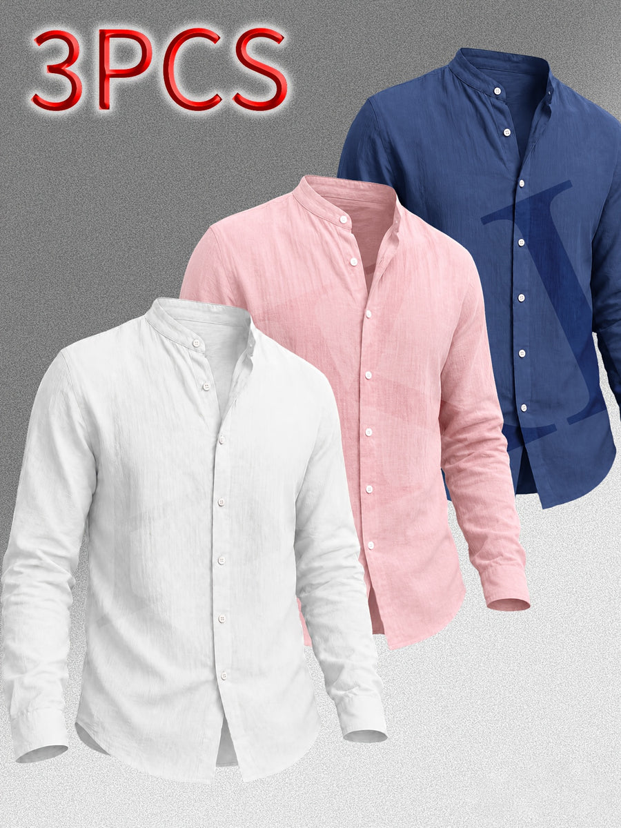 [Know And Give OBM] Men'S Clothing New Stand-Up Collar Solid Linen-Like Long Sleeve Shirt 3pcs Set, Minimalist Design, Spring Autumn Winter High-Quality Men'S Long Sleeve Button-Up Shirt - Suitable for Outdoor Leisure Vacation Formal Wear - White+Pink+Navy Blue