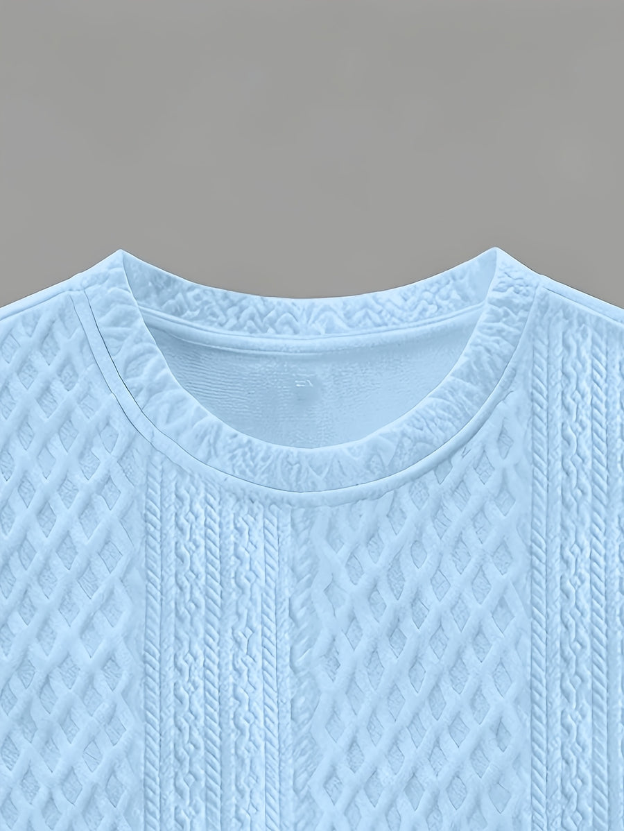 Men's Summer Casual Premium Textured Crew Neck Short Sleeve T-Shirt, Trendy Printed Pattern Design, Comfortable and Breathable Textured Fabric, Suitable for Outdoor Vacations and Daily Wear - Sky Blue