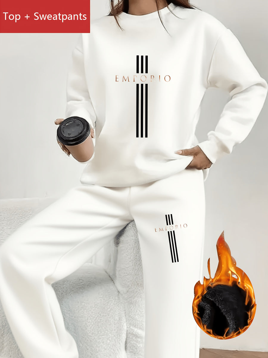 2pcs Women's Y2K Sport Sweatshirt Set with Matching Jogger Pants - -Lined Crewneck Set, Suitable for Winter, Multiple Colors, Polyester Material, Machine Washable, for Daily Sportswear, Casual Sporty Style, Fitness Wear - White