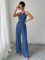 Women's Spring/Summer Casual Pleated Strappy Twist-Waist Maxi Jumpsuit - Blue