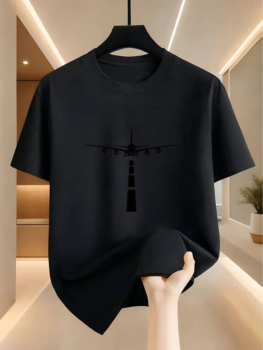 Men's Casual T-Shirt, Featuring a Silhouette Print of an Airplane Runway. The Design Is in Black And White, Evoking a Sense of Heading Towards a Distant Place. It Has a Regular Fit And Is Highly Versatile for Daily Wear - Black