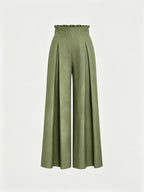 Women'S Dusty Blue Striped Trousers, High-Waist Elegant Summer Commuter Casual Pleated Elastic Waist Wide-Leg Pants, Suitable for Spring And Autumn - Olive Green