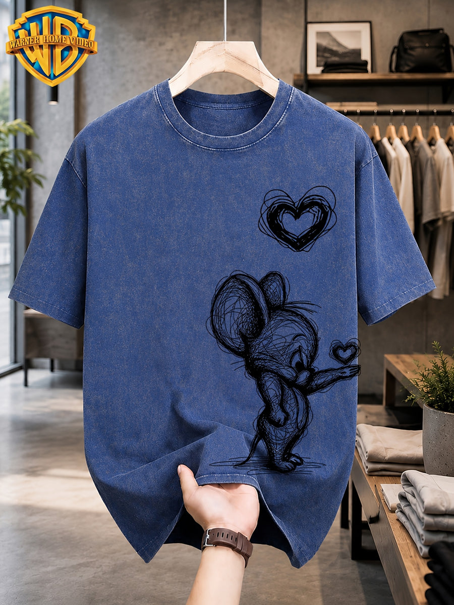 Warner Bros. Licensed Men'S Washed Retro T-Shirt, Sketch Style Classic Cartoon Character Kissing Heart Print, Hand-Drawn Line Graffiti Loose Round Neck Short Sleeve Top, Western Street Trendy Casual Summer Men'S Clothing - Royal Blue