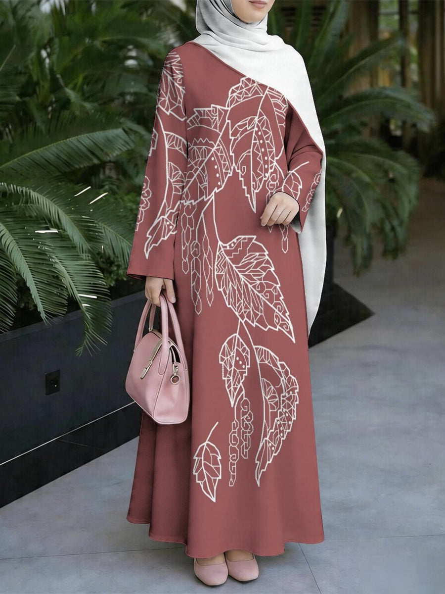 Women'S Hot Middle Eastern Style Muslim Elegant Robe, Brick Red White Line Leaf Print Long Dress, Loose Long Sleeve Flared Skirt, Social Prayer Family Gathering, Soft Texture Non-Embroidered Craft - Mixed colors
