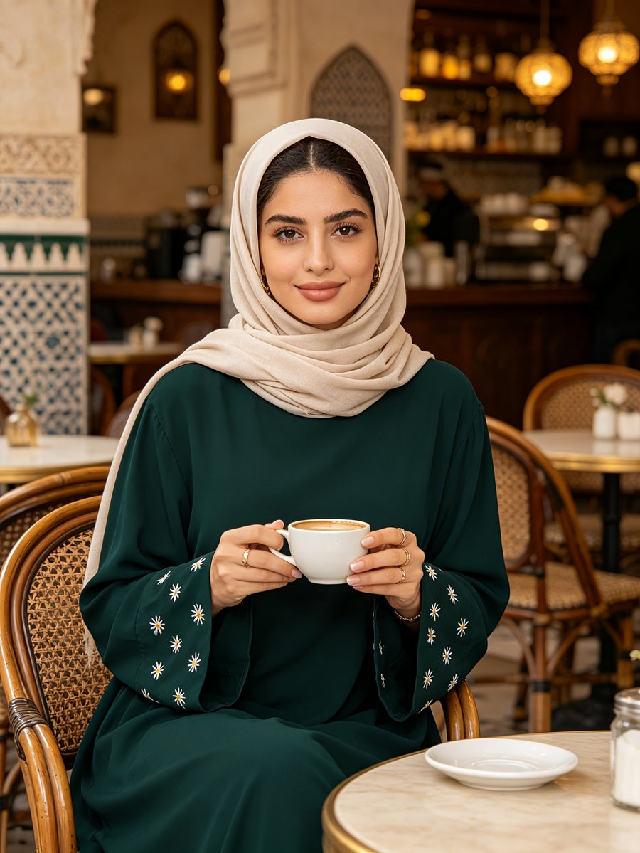 1pc (Scarf Not Included) This Fashionable, Elegant And Casual Abaya Dress with Embroidered Small Chrysanthemums at The Cuffs, No Scarf, Solid Color, Suitable for Daily Wear, Loose And Comfortable for Women. Islamic Clothing for Women Kleider Damen - Dark Green