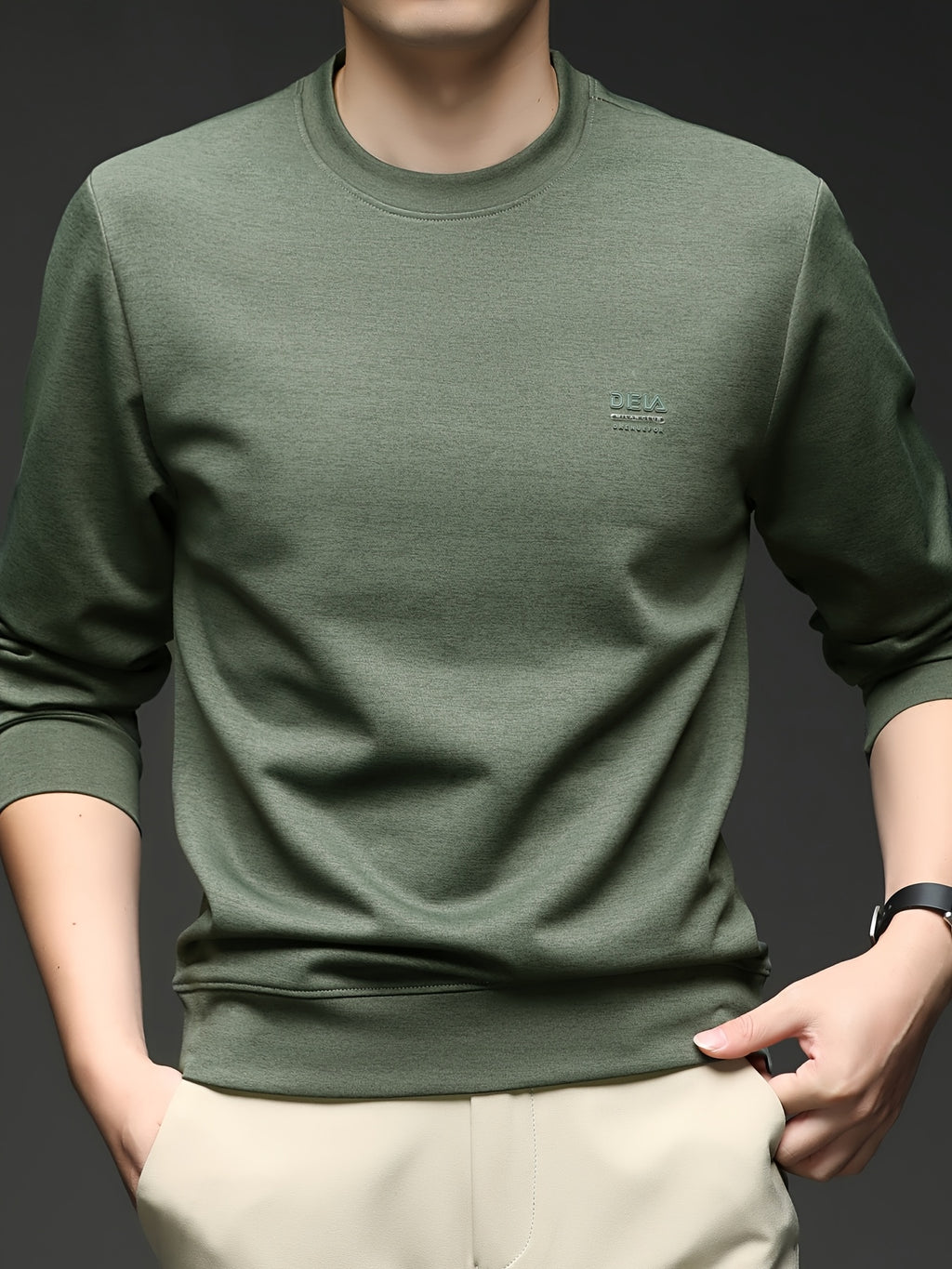 [Saa Xing OBM] 1pc Spring/Autumn New Men'S Sweatshirt, Solid Color Round Neck Long Sleeve Men'S Business Casual Fashion Breathable All-Match Pullover Base Layer Top, Suitable for Spring And Autumn, Single Wear Or Inner Layer, Fits Daily And Casual - Grass Green