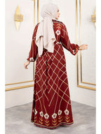New Middle Eastern Muslim Elegant Temperament Floral Print Round Neck Tie-Up Abaya, Headscarf Not Included - Burgundy