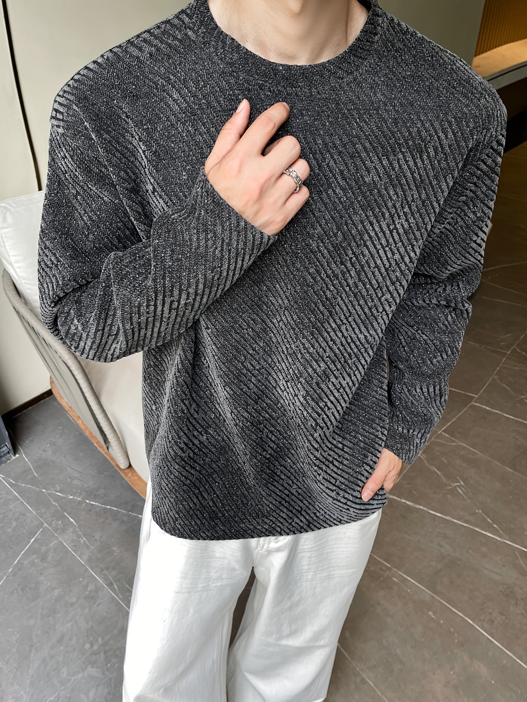 Men'S Casual Sports T-Shirt, 1pc Men'S Fashion Trendy Casual Long Sleeve T-Shirt, Loose Fit, Comfortable Stretch Fabric, Suitable for Daily Casual Wear - Grey