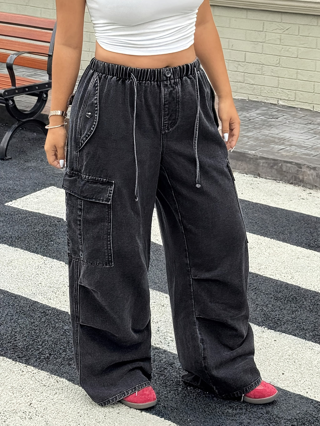 Elastic Drawstring Waist Loose Wide-Leg Jeans - Black