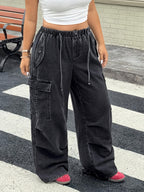 Elastic Drawstring Waist Loose Wide-Leg Jeans - Black