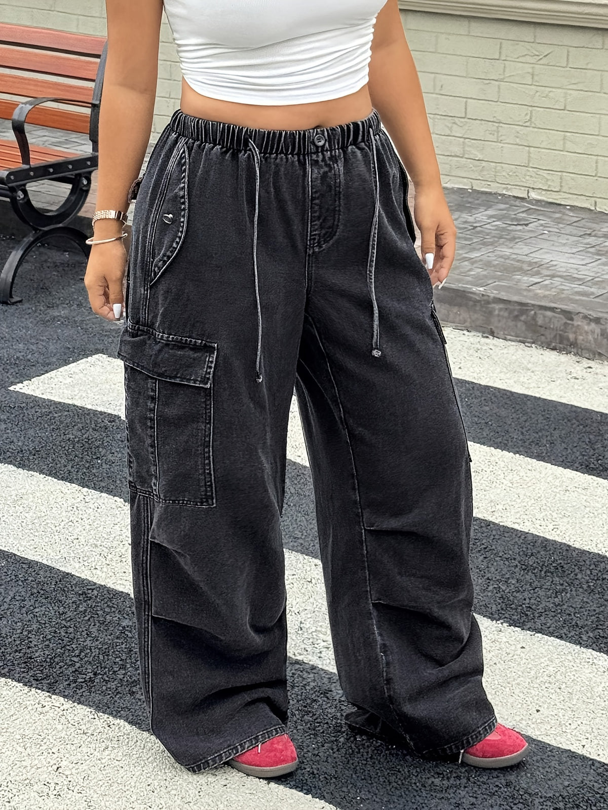Elastic Drawstring Waist Loose Wide-Leg Jeans - Black
