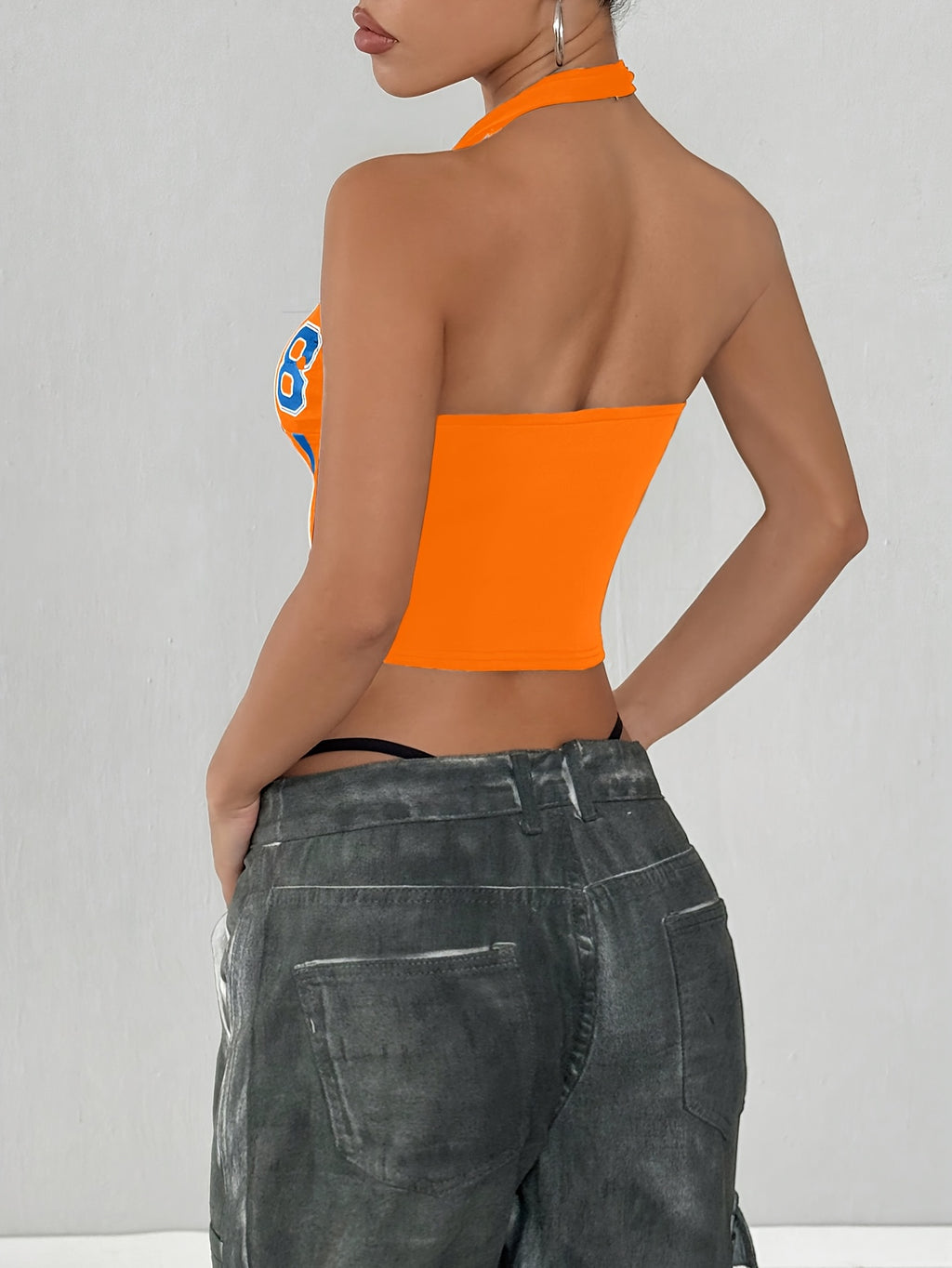Women's Streetwear Color Block No. 98 Letter Print V-Neck Halter Neck Tank Top - Orange
