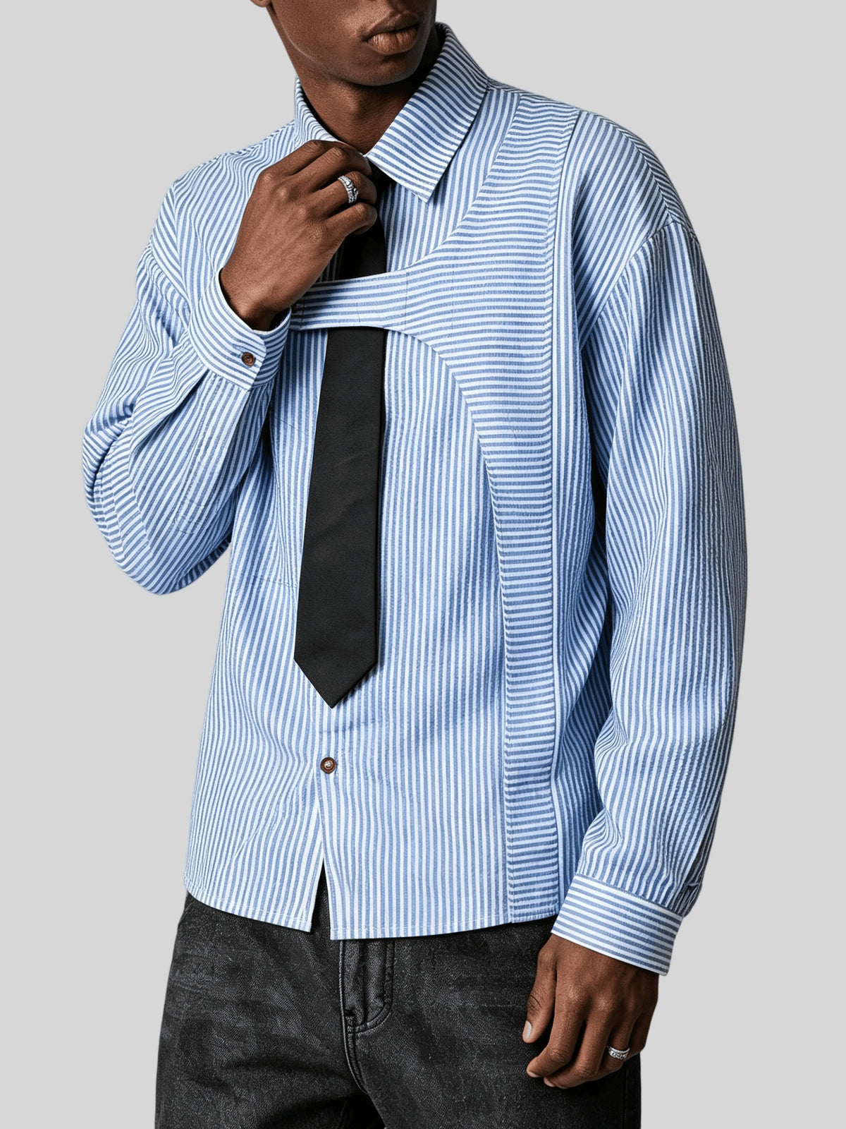 Men's Striped Long-Sleeve Shirt with Free Tie - New Spring, Summer, Autumn Niche Design Lapel Striped Casual Shirt - Suitable for Daily Outings, Commuting to Work, Dates, and as a Gift for Friends and Family - Stylish and Versatile Long-Sleeve Shirt - Blue And White Stripes