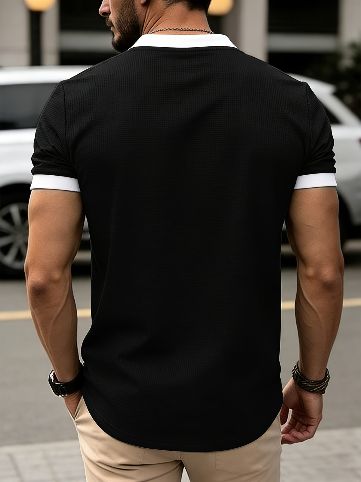 [Printed Design - Not Textured] New Men's Summer British Style Fashion, Simple and Casual. Features a 230g Waffle Knit T-shirt with a Heart-Shaped Neckline and Contrast Colors. Suitable for Daily Outings and Leisure, Part of a Simple - Black