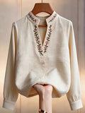 Women's Floral Embroidered Stand Collar Long Sleeve Blouse, Embroidered Top, Elegant Spring and Autumn Outfit, Office and Commuting Apparel, Pretty Blouse, Casual Elegance, Shirt - Apricot