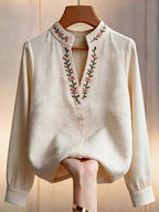 Women's Floral Embroidered Stand Collar Long Sleeve Blouse, Embroidered Top, Elegant Spring and Autumn Outfit, Office and Commuting Apparel, Pretty Blouse, Casual Elegance, Shirt - Apricot