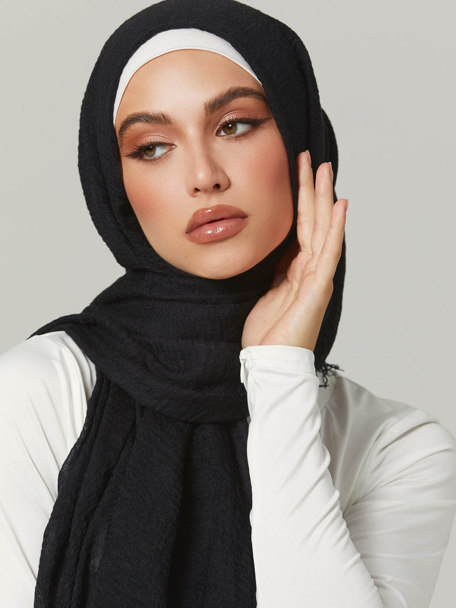 1pc Women'S Solid Pleated Basic Headscarf/Veil (Abaya Accessory), Muslim Prayer Scarf, Eid Anti-Slip Headscarf - Black