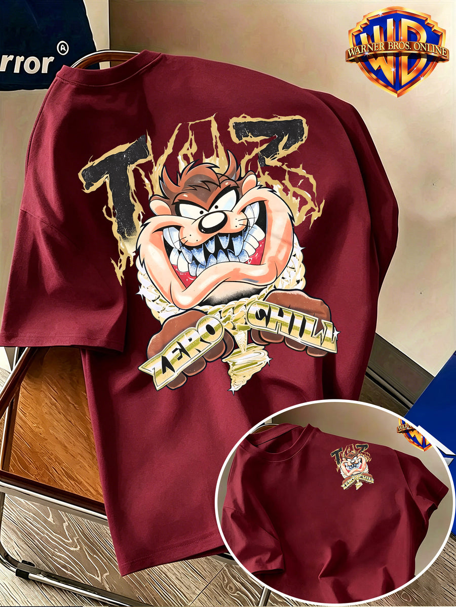 Warner Bros. Authentic Men's 100% Cotton Short-Sleeve T-Shirt with American-Style Illustrated Cartoon Print. Features a Dynamic Cartoon Beast Design with Golden-toned Accents for a Striking Visual Impact, Effortlessly Creating an Eye-catching Summer - Burgundy