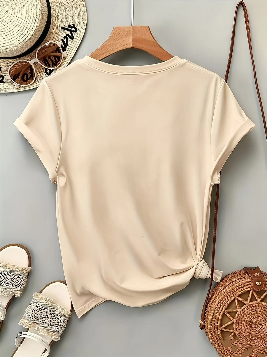 Summer Western Architectural Print Round Neck Regular T-Shirt, Casual Regular Printed Top - Apricot