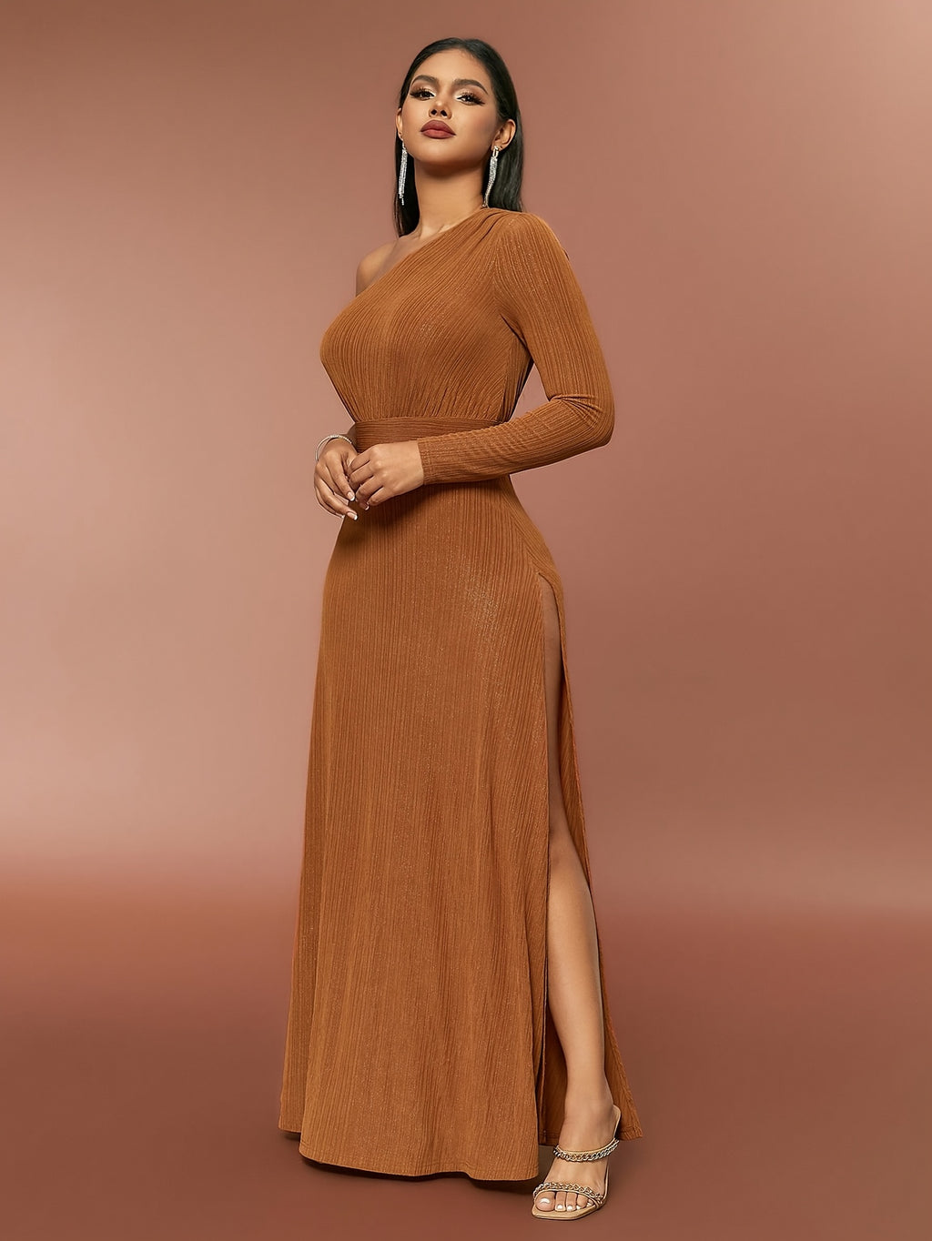 Sexy One-Shoulder Silver Thread Dress - Light Brown-1