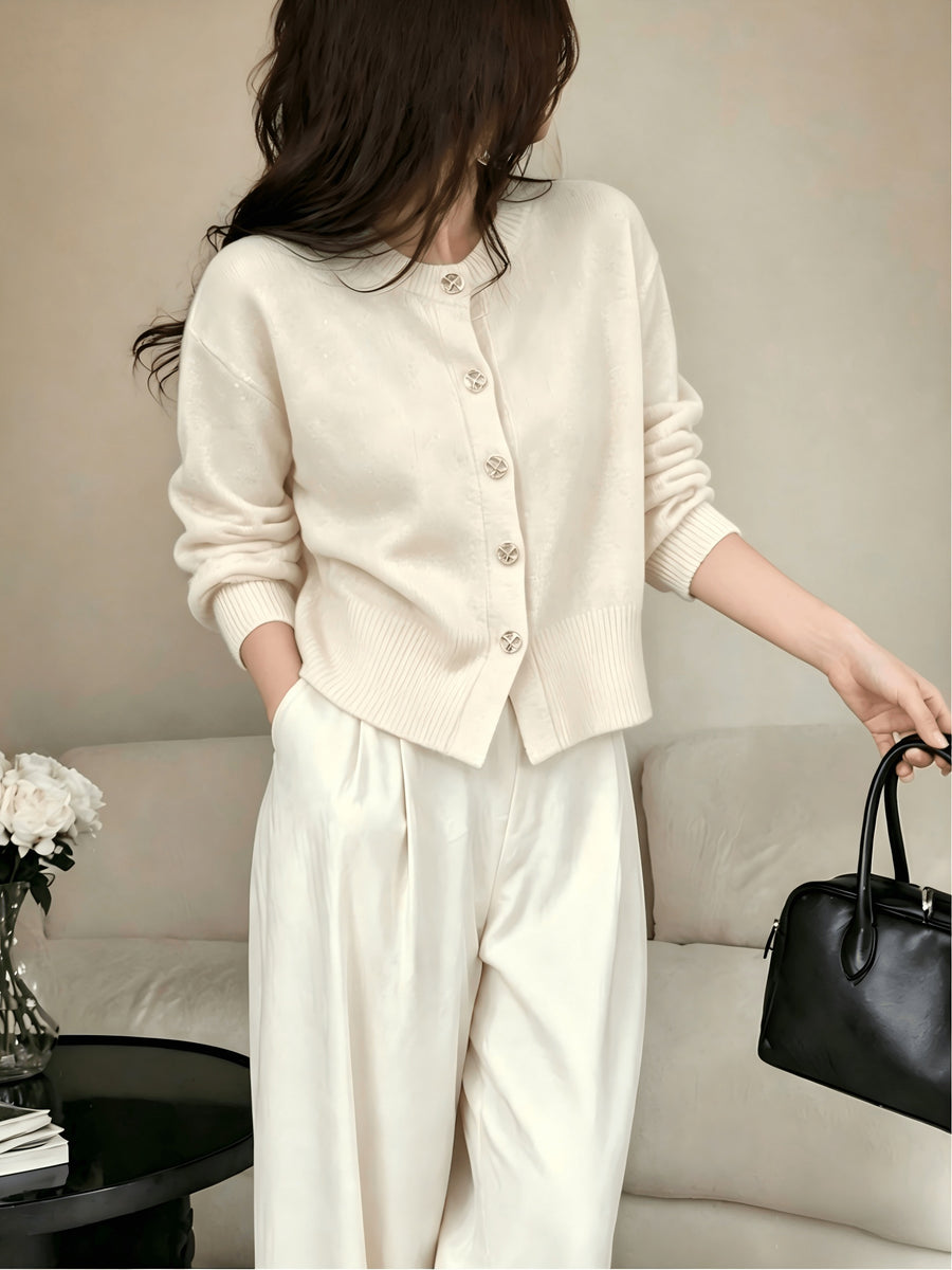 Cozy Women's Cardigan with Floral Button Accents, Soft Stylish Cardigan for Casual Daily Wear - Off-white