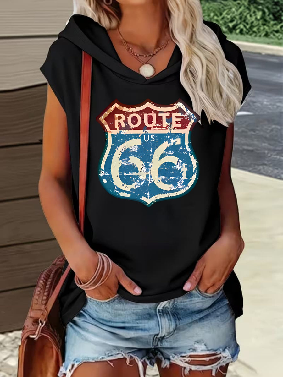 Loose Fit Comfortable Hooded Design Vintage Style Route 66 Highway Sign Printed Design Printed Pattern Comfortable All-Match Style Summer New Y2K Style Women'S Wear Elegant Fashion Comfortable T-Shirt Top - Black