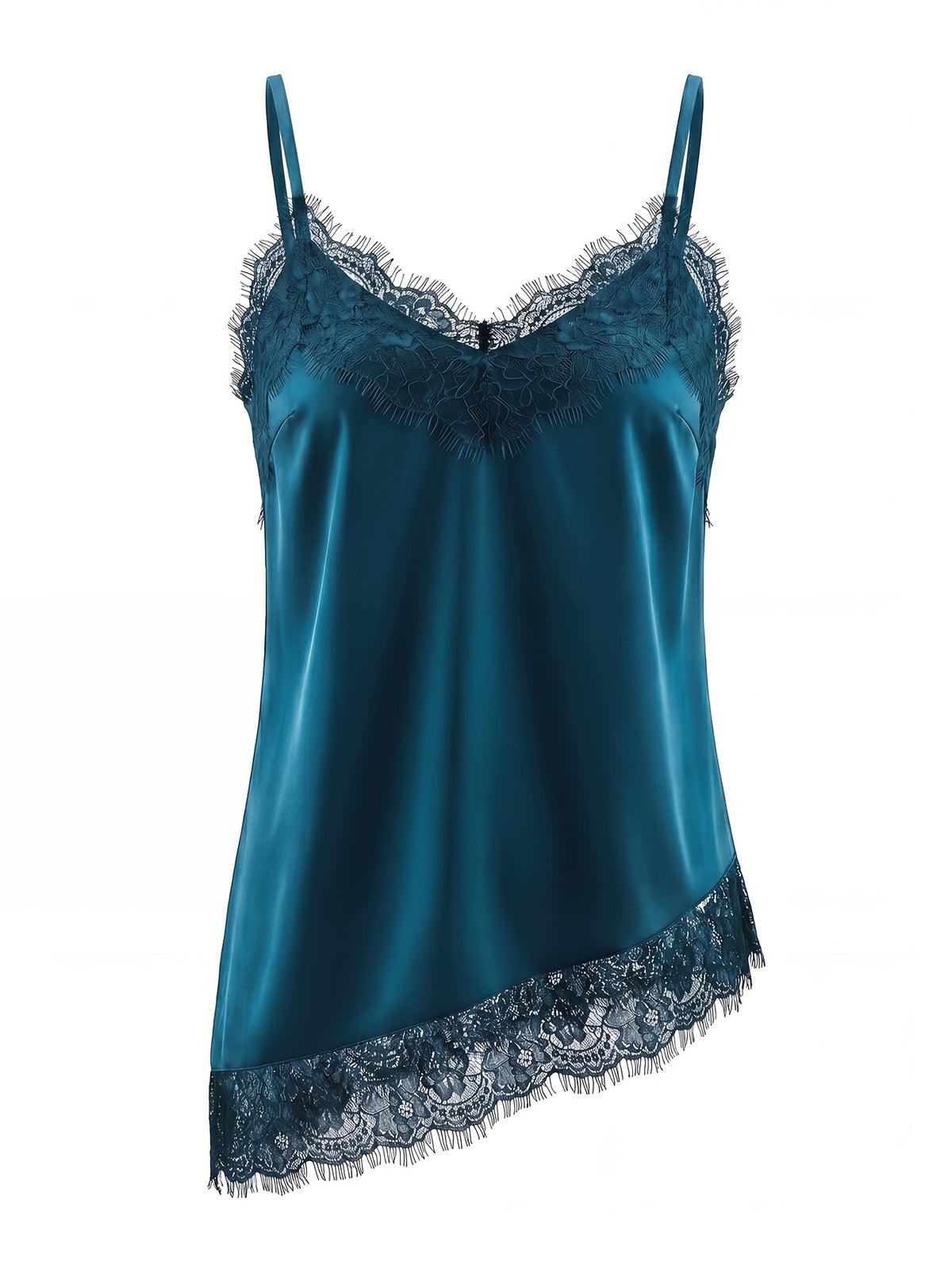Summer Fashion Satin Crepe Spliced Lace Camisole with Irregular Hem, Elegant Casual Date Cocktail Women's Camisole Top - Dark Cyan