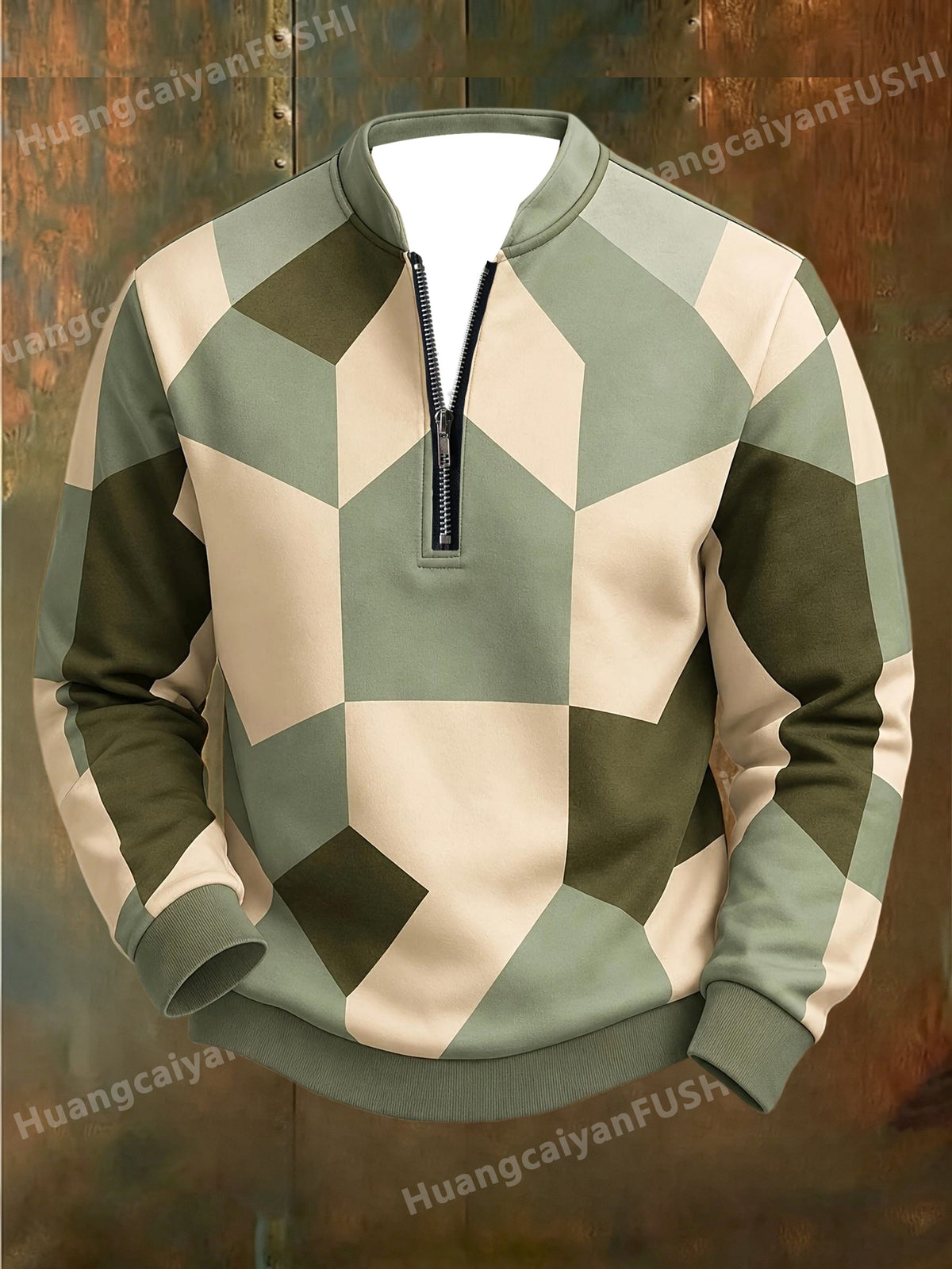 Men'S Autumn Winter Polo Zipper Sweatshirt, Men'S Retro Geometric Color-Block Digital Print Half-Zip Stand Collar Sweatshirt, Loose Casual Top, High Quality And Durable, Machine Washable, Daily Commute And Outdoor Wear - Mixed Color 3